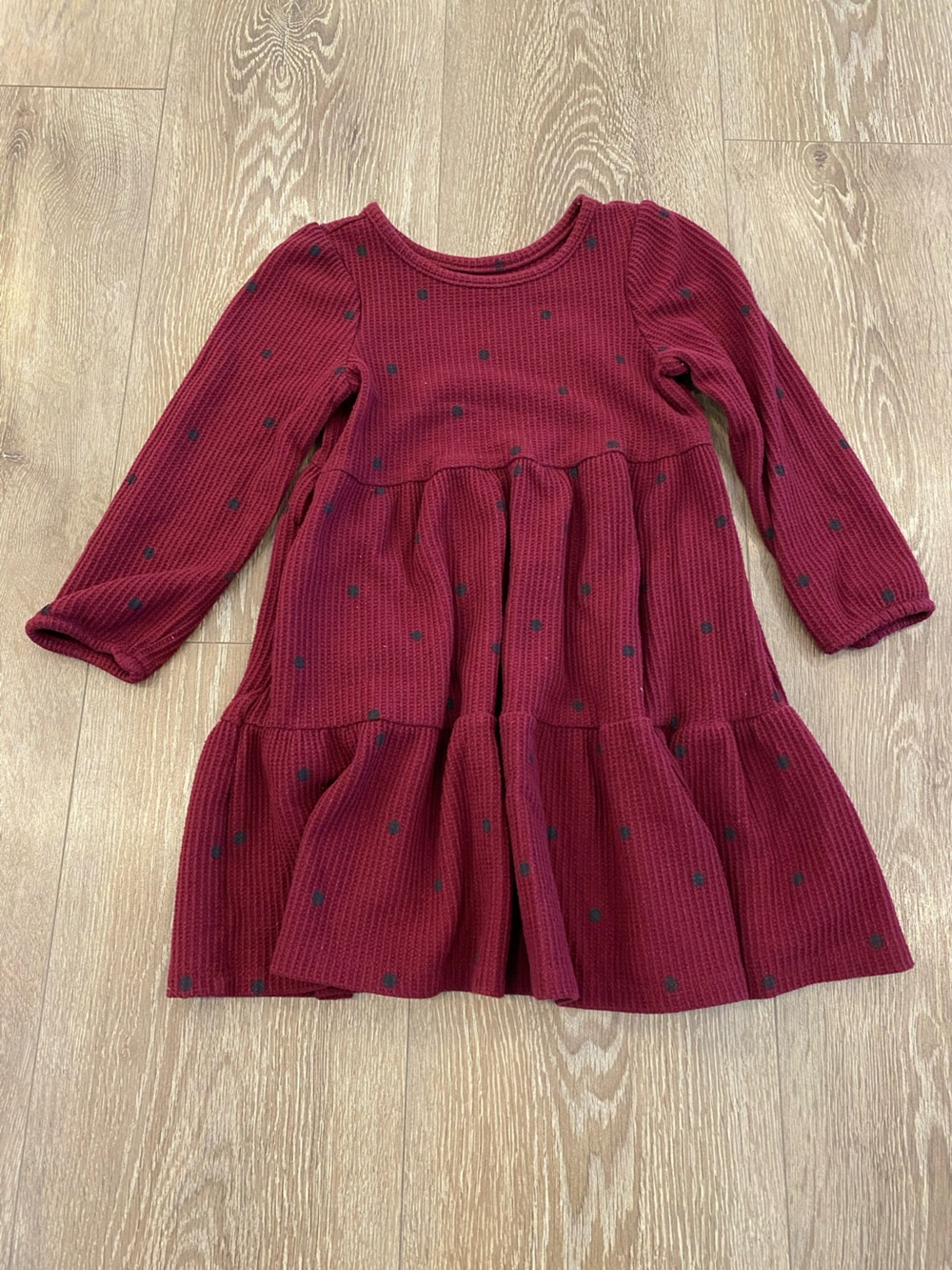 Cat & Jack Burgundy Long-Sleeve Tiered Dress with Navy Dot Detail